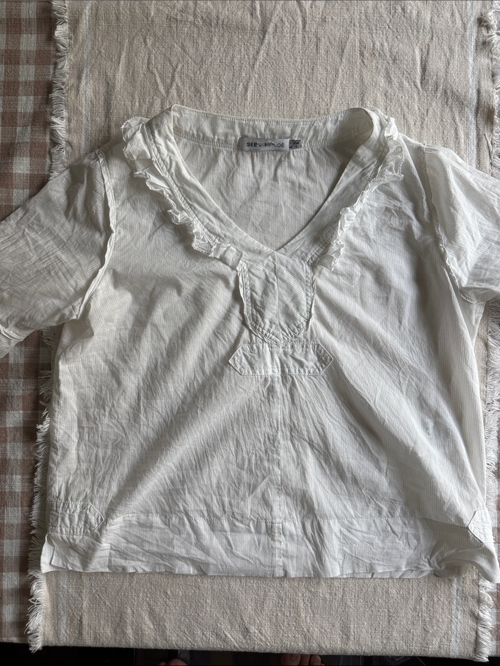 See By Chloe White V-Neck Ruffle Trim Cotton Blouse